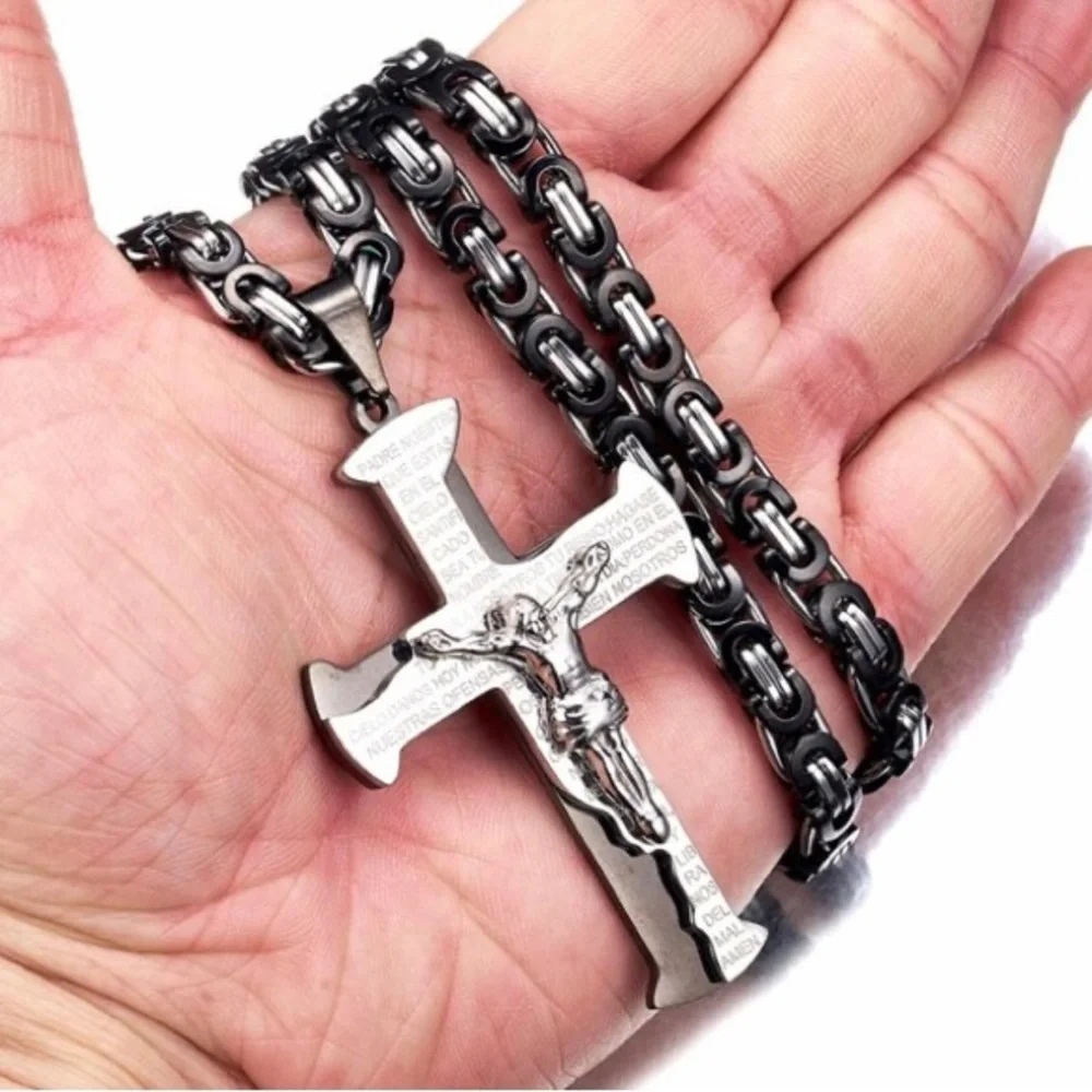 Jesus Crucifix Cross Necklace For Men Black and Silver Color Stainless Steel
